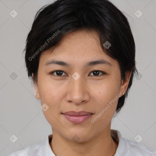 Joyful asian young-adult female with medium  brown hair and brown eyes