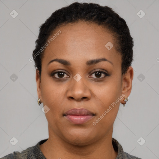 Neutral black young-adult female with short  black hair and brown eyes