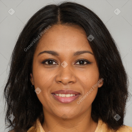 Joyful black young-adult female with medium  brown hair and brown eyes