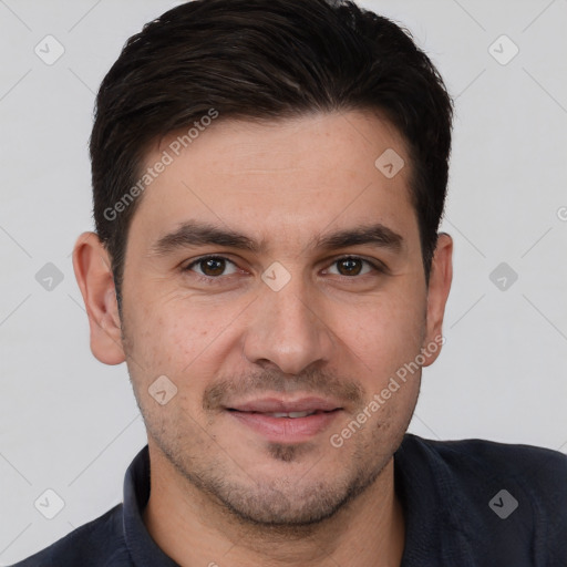 Joyful white young-adult male with short  brown hair and brown eyes