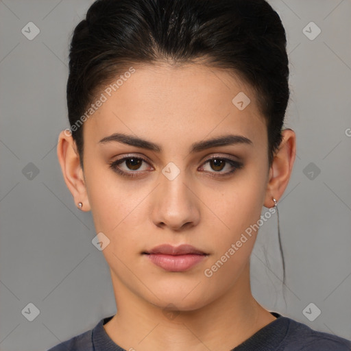 Neutral white young-adult female with short  brown hair and brown eyes