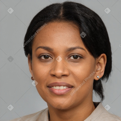 Joyful black young-adult female with medium  black hair and brown eyes