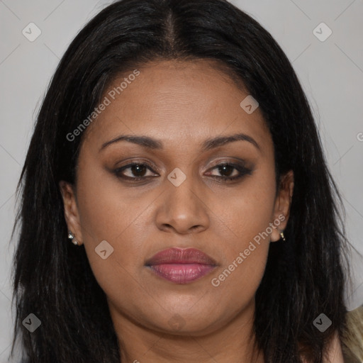 Joyful latino young-adult female with long  brown hair and brown eyes
