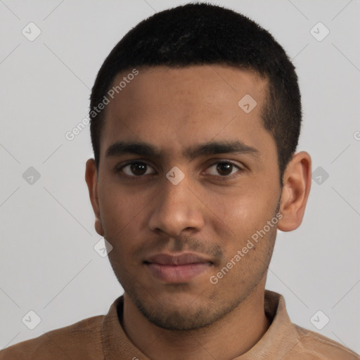 Neutral latino young-adult male with short  black hair and brown eyes