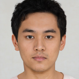 Neutral asian young-adult male with short  black hair and brown eyes