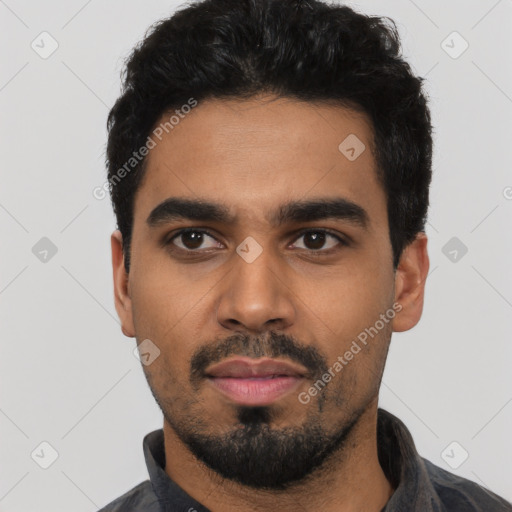 Neutral latino young-adult male with short  black hair and brown eyes
