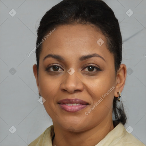 Joyful black young-adult female with medium  brown hair and brown eyes