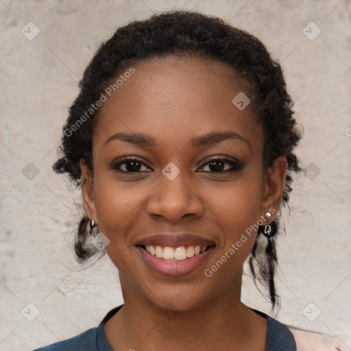 Joyful black young-adult female with medium  black hair and brown eyes