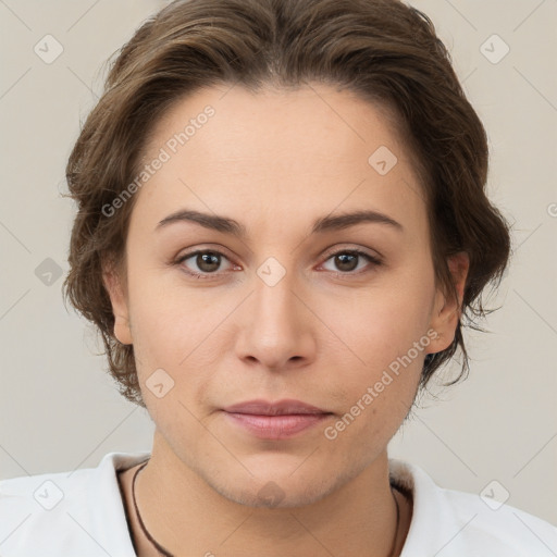 Neutral white young-adult female with short  brown hair and brown eyes