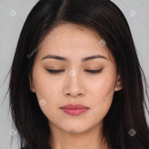 Joyful asian young-adult female with long  brown hair and brown eyes