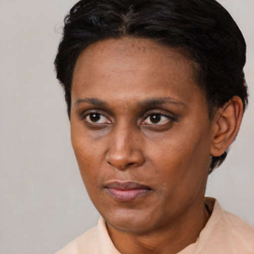 Neutral black adult female with short  brown hair and brown eyes