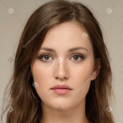 Neutral white young-adult female with long  brown hair and brown eyes