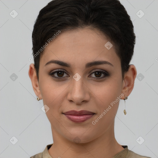 Joyful white young-adult female with short  brown hair and brown eyes