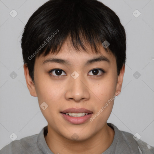 Joyful asian young-adult female with short  brown hair and brown eyes