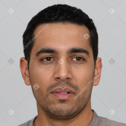 Neutral latino young-adult male with short  black hair and brown eyes