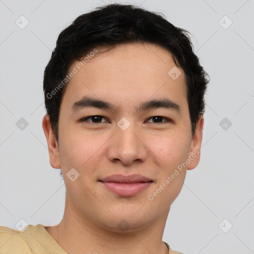 Joyful asian young-adult male with short  brown hair and brown eyes