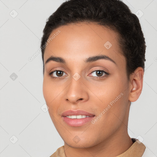 Joyful white young-adult female with short  brown hair and brown eyes