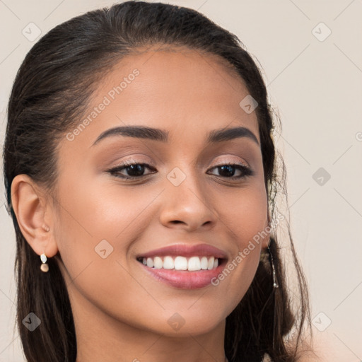 Joyful white young-adult female with long  brown hair and brown eyes