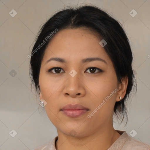 Neutral asian young-adult female with medium  brown hair and brown eyes