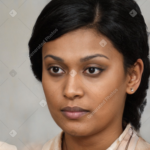 Neutral asian young-adult female with medium  black hair and brown eyes