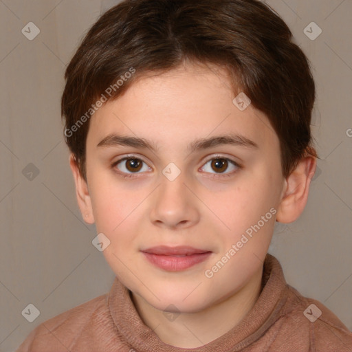 Joyful white child female with short  brown hair and brown eyes