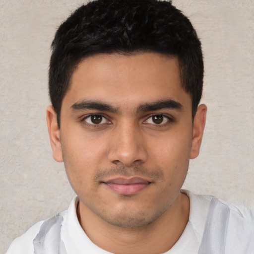 Neutral latino young-adult male with short  brown hair and brown eyes