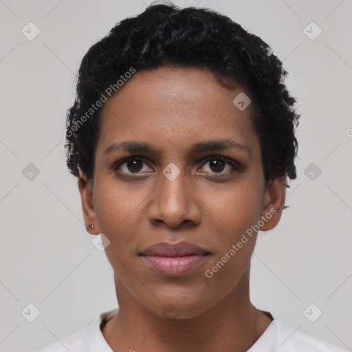 Joyful latino young-adult female with short  black hair and brown eyes