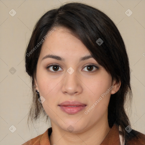 Neutral latino young-adult female with medium  black hair and brown eyes