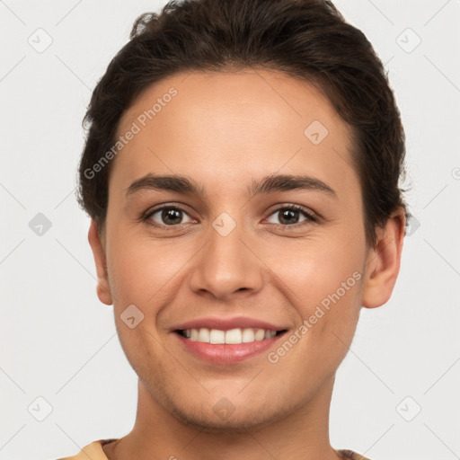 Joyful white young-adult female with short  brown hair and brown eyes