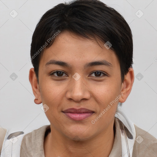 Joyful asian young-adult female with short  brown hair and brown eyes