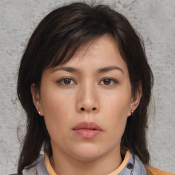 Neutral asian young-adult female with medium  brown hair and brown eyes