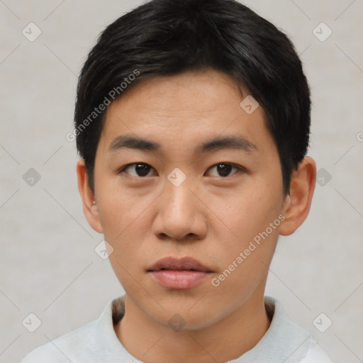 Neutral asian young-adult male with short  black hair and brown eyes