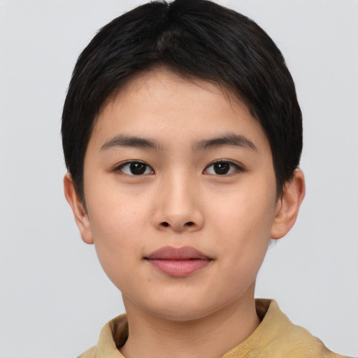 Neutral asian young-adult female with short  brown hair and brown eyes
