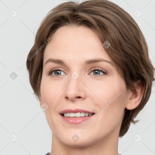 Joyful white young-adult female with medium  brown hair and green eyes