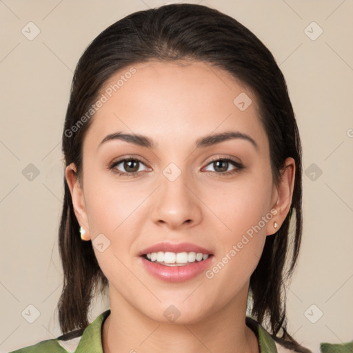 Joyful white young-adult female with medium  brown hair and brown eyes