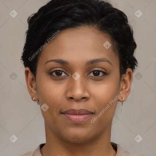 Joyful latino young-adult female with short  brown hair and brown eyes