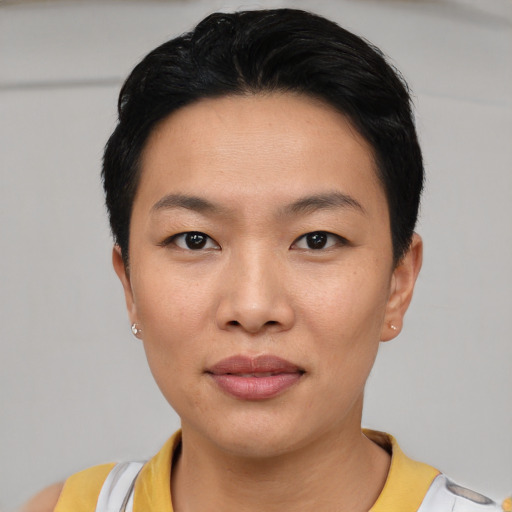 Joyful asian young-adult female with short  black hair and brown eyes