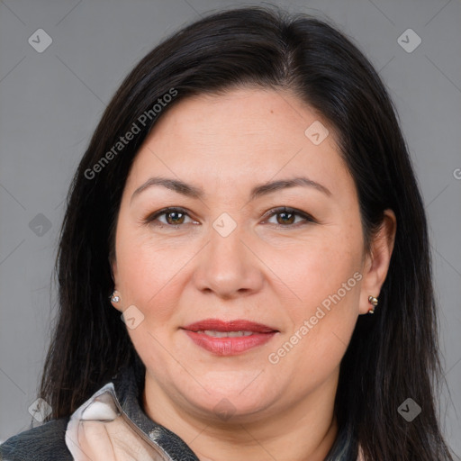 Joyful white adult female with medium  brown hair and brown eyes