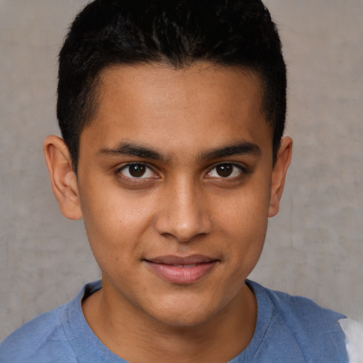 Joyful latino young-adult male with short  brown hair and brown eyes