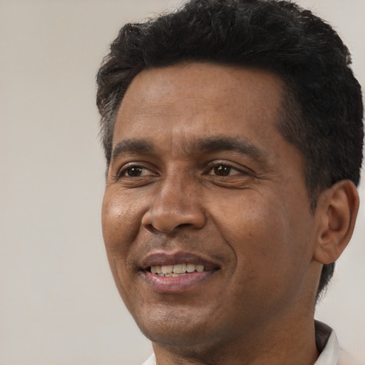 Joyful white adult male with short  black hair and brown eyes