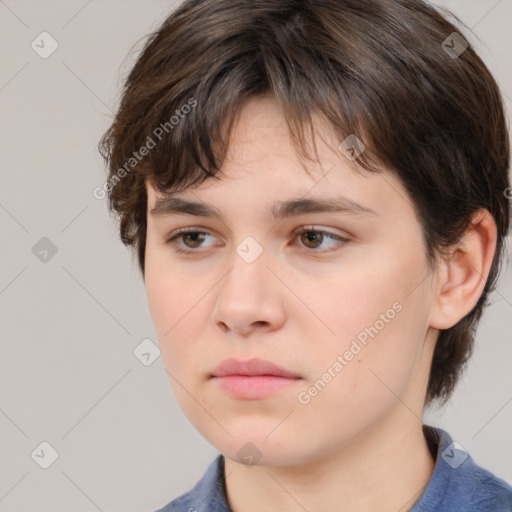 Neutral white young-adult female with medium  brown hair and brown eyes