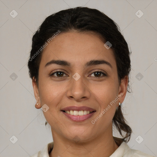 Joyful white young-adult female with medium  brown hair and brown eyes