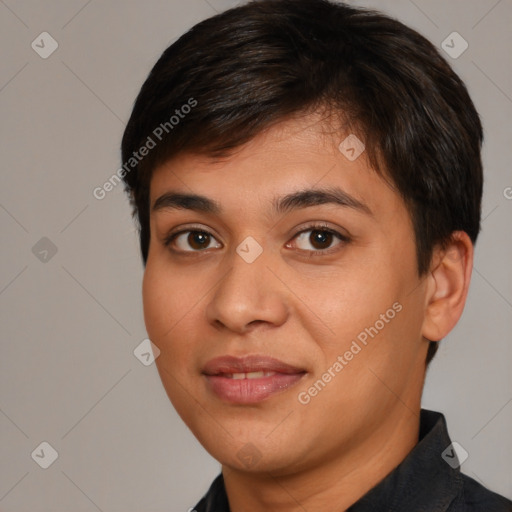 Joyful white young-adult female with short  brown hair and brown eyes