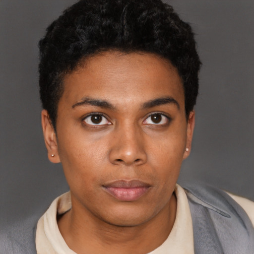 Neutral black young-adult female with short  brown hair and brown eyes