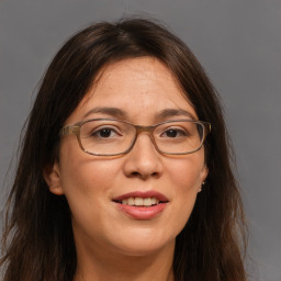 Joyful white adult female with long  brown hair and brown eyes