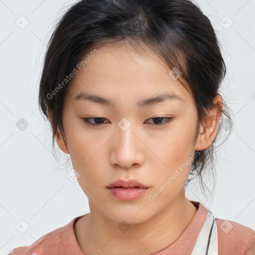 Neutral asian young-adult female with short  brown hair and brown eyes