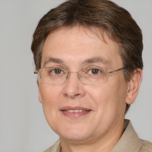 Joyful white middle-aged male with short  brown hair and brown eyes