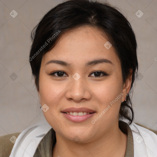 Joyful white young-adult female with medium  brown hair and brown eyes