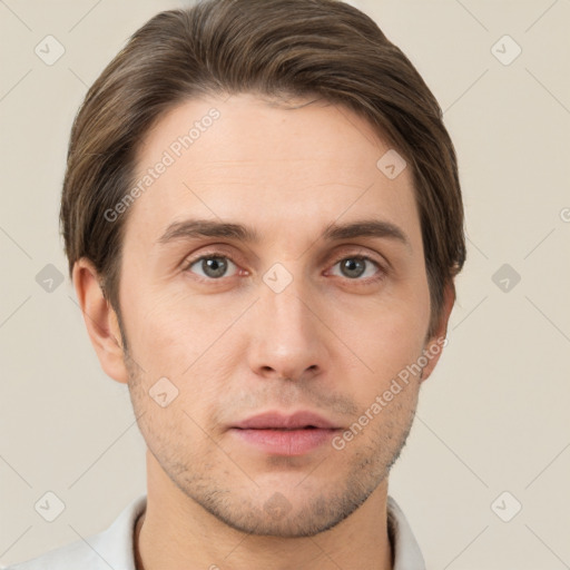 Neutral white young-adult male with short  brown hair and brown eyes