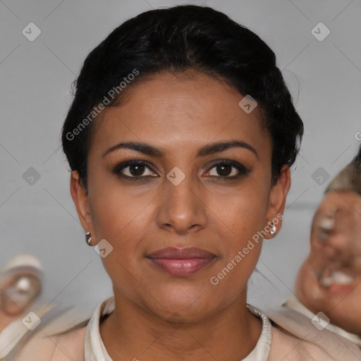 Joyful latino young-adult female with short  black hair and brown eyes